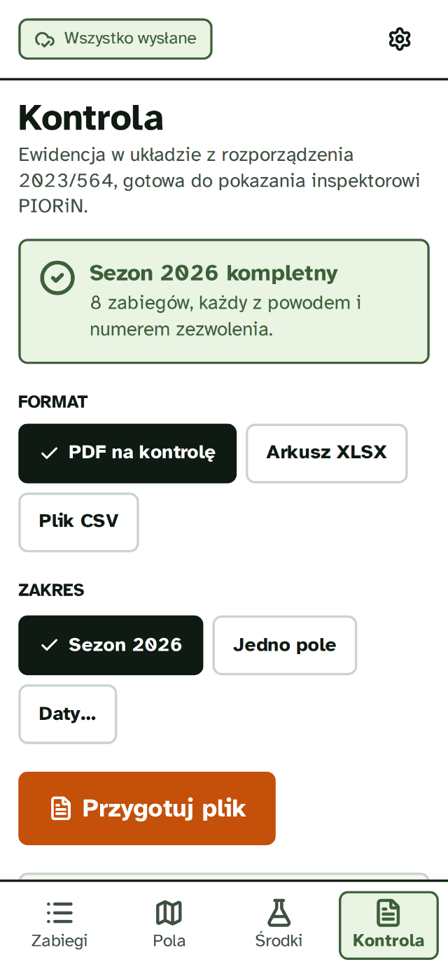 Ekran Kontrola: sezon 2026 kompletny, 8 zabiegów, wybór pliku PDF, XLSX albo CSV