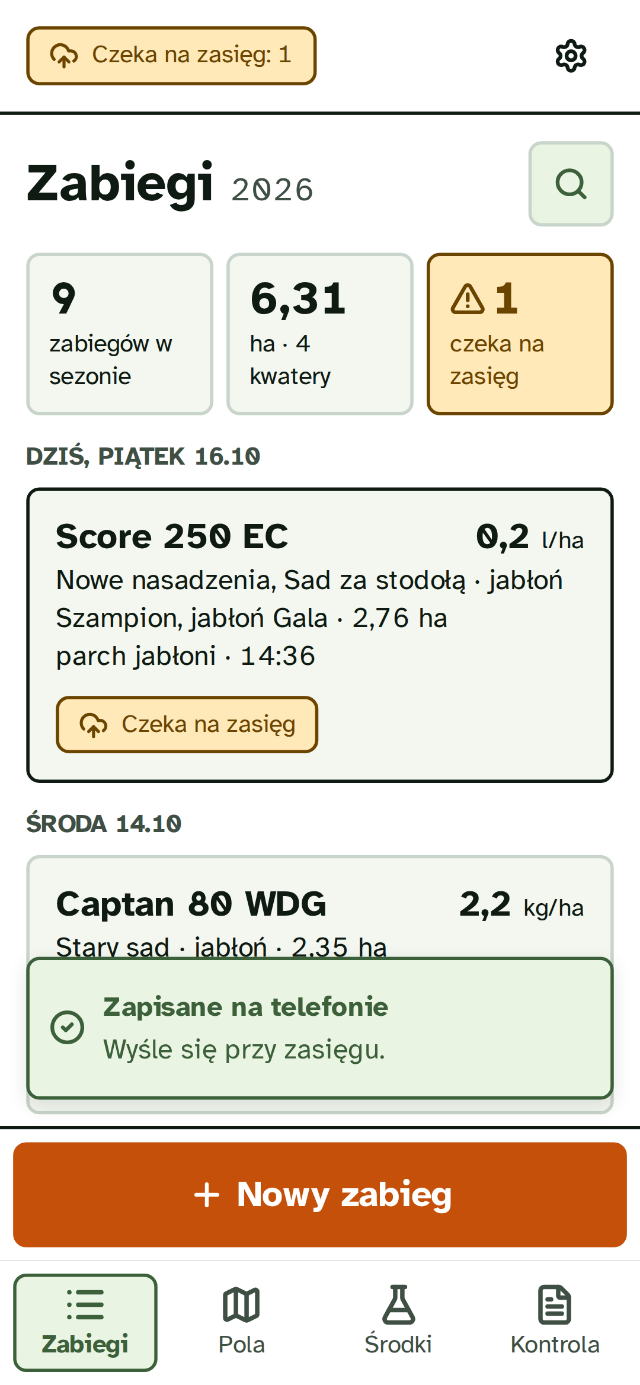 Lista zabiegów bez zasięgu: dzisiejszy zabieg Score 250 EC ze znacznikiem Czeka na zasięg, starsze wysłane