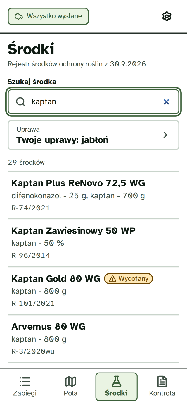 Ekran Środki: rejestr środków ochrony roślin z datą aktualizacji, wyszukiwanie kaptan, Merpan 80 WDG i inne środki z numerami zezwoleń